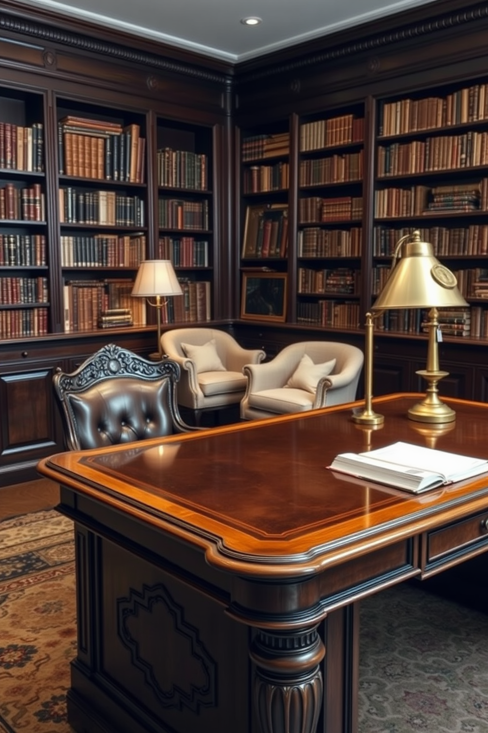 A stylish desk with antique accents. The desk features intricate woodwork and a polished surface, complemented by a vintage leather chair and a brass desk lamp. Classic home library design ideas. The library is lined with dark wooden shelves filled with books, accented by a cozy reading nook with plush armchairs and a classic globe.