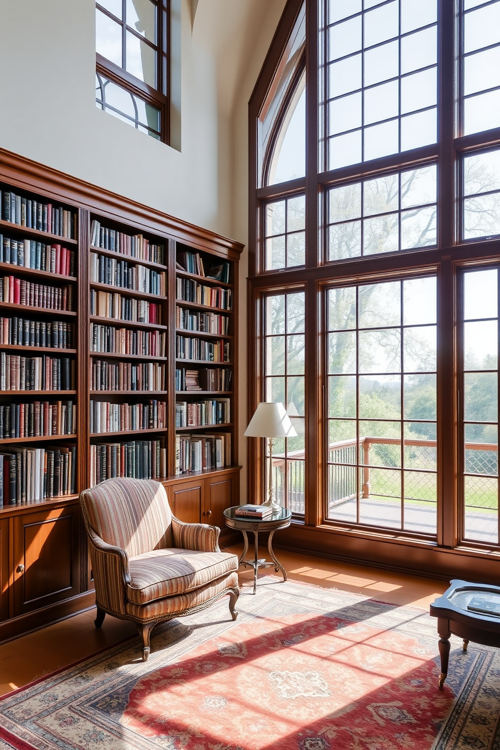 A classic home library featuring floor-to-ceiling windows that allow natural light to flood the space. The room is adorned with rich wooden bookshelves filled with an array of books, complemented by a plush reading chair and a vintage-style area rug.