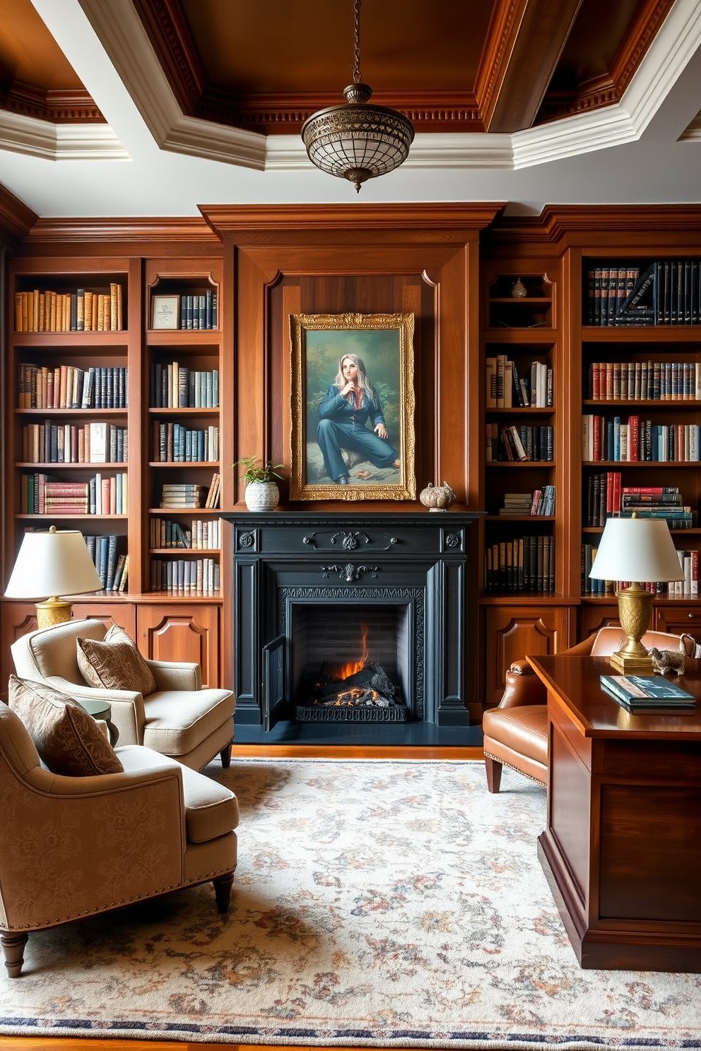 Charming fireplace with seating arrangement. A cozy fireplace is the focal point of the room, surrounded by plush armchairs and a soft area rug. Classic Home Library Design Ideas. The library features built-in wooden bookshelves filled with books, paired with a large leather armchair and a classic wooden desk.