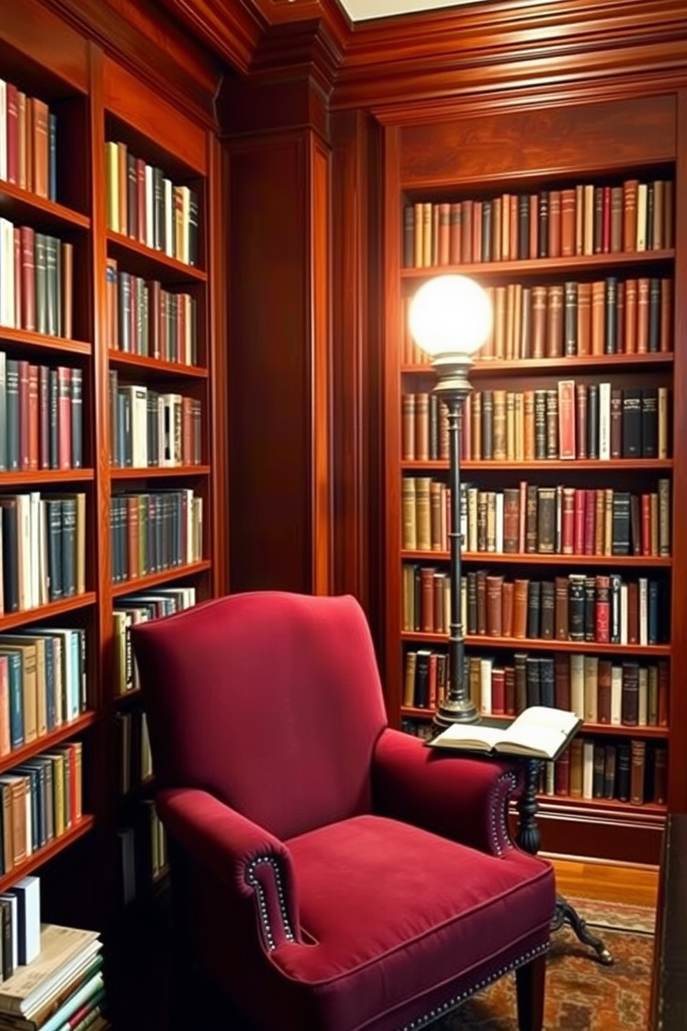 A classic home library with rich wooden bookshelves lining the walls, filled with a curated collection of books. A plush reading chair in a deep burgundy fabric sits beside a small side table, creating a cozy nook for reading. The room features classic crown molding that adds architectural interest, enhancing the elegance of the space. Soft, warm lighting from a vintage-style lamp casts a gentle glow, inviting relaxation and contemplation.