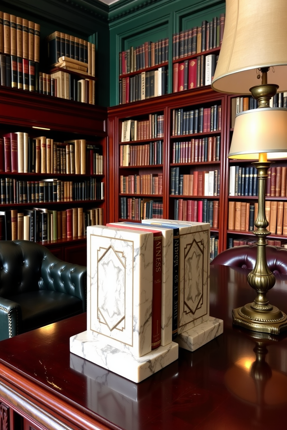 A pair of elegant bookends crafted from polished marble, featuring intricate geometric designs that add a sophisticated flair. They stand proudly on a rich mahogany bookshelf filled with an array of classic literature and modern novels. The library is adorned with deep green walls and plush leather seating, creating a cozy and inviting atmosphere. Soft lighting from antique-style lamps highlights the books and adds warmth to the space.