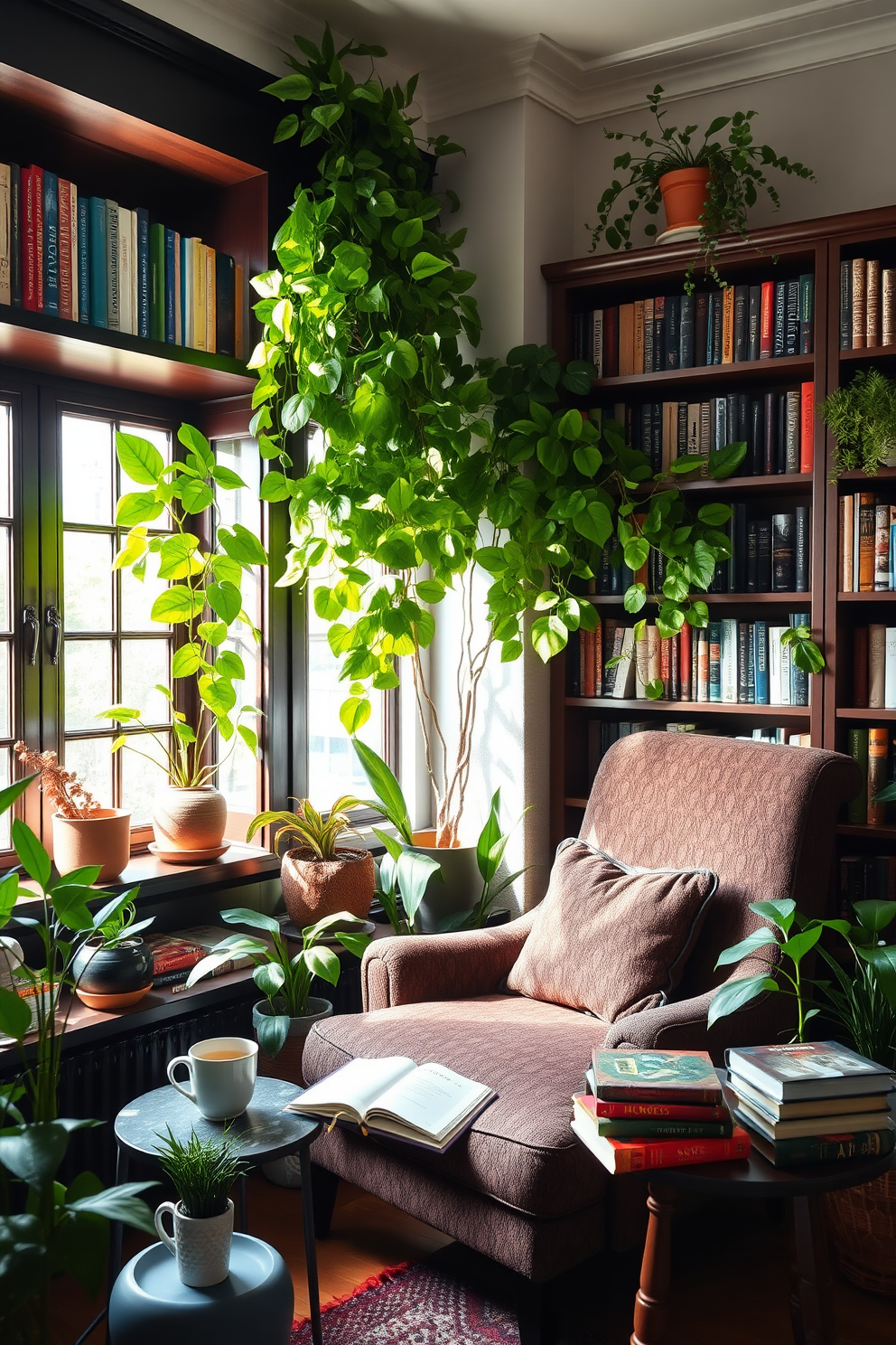 A cozy home library filled with lush indoor plants creates a refreshing and inviting atmosphere. The room features dark wooden shelves lined with books, while vibrant green plants cascade from the shelves and sit in decorative pots on the floor. A plush armchair in a rich fabric is positioned near a large window, allowing natural light to illuminate the space. A small side table holds a steaming cup of tea and a stack of well-loved books, enhancing the tranquil ambiance.