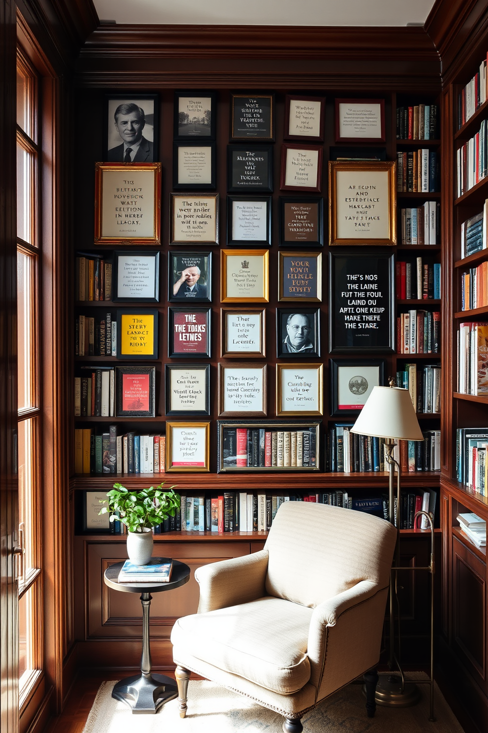 A gallery wall featuring an assortment of framed literary quotes in elegant frames. The wall is adorned with a mix of black and white photographs and colorful book covers, creating a vibrant yet cohesive display. The classic home library is designed with rich wooden bookshelves that reach the ceiling. A cozy reading nook with a plush armchair and a small side table is positioned near a large window, allowing natural light to flood the space.