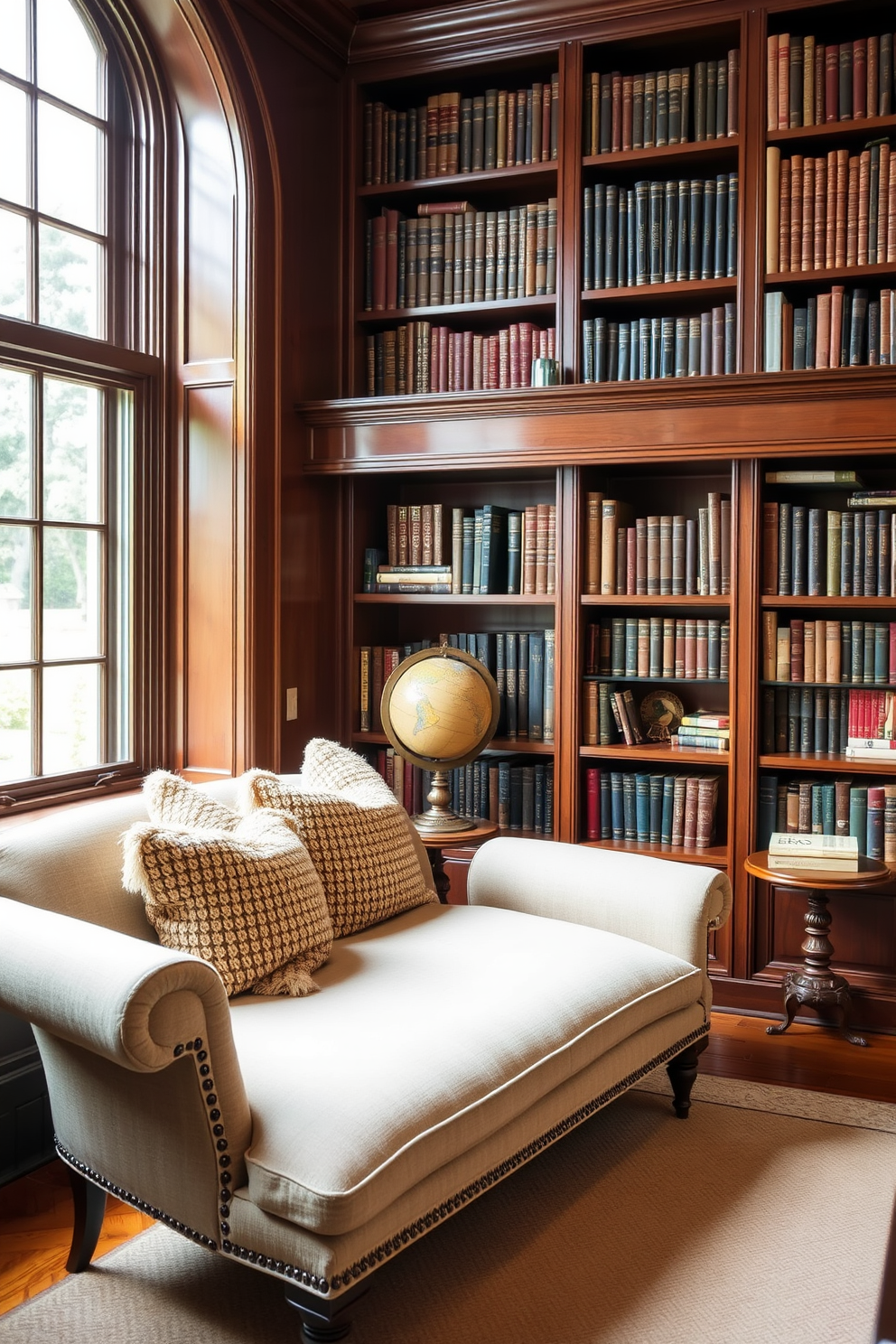 A comfortable chaise lounge is positioned beside a large window, allowing natural light to fill the room. The lounge is upholstered in a soft, neutral fabric, adorned with plush throw pillows for added comfort. Surrounding the chaise is a classic home library filled with floor-to-ceiling bookshelves made of rich mahogany wood. A vintage globe and a cozy reading nook with a small side table complete the inviting atmosphere of the library.