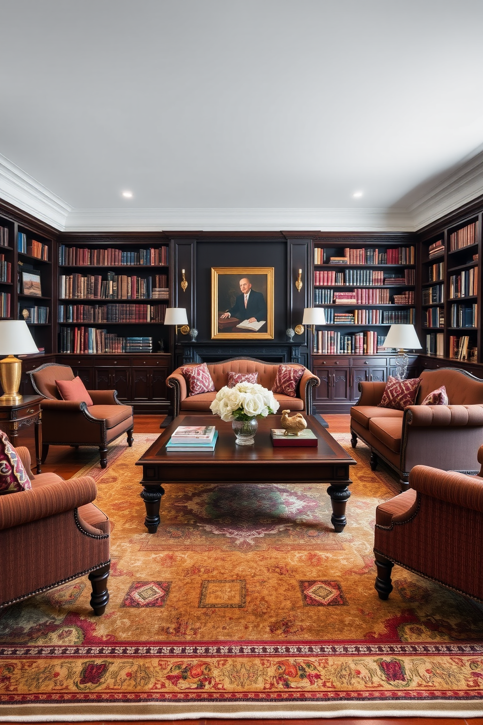 A stately wooden coffee table serves as the focal point of the room, surrounded by plush armchairs and a vintage sofa. The walls are lined with dark wood bookshelves filled with an array of books, while soft lighting creates a warm and inviting atmosphere. Rich textiles in deep colors adorn the furniture, complementing the elegant decor. A large area rug anchors the seating arrangement, adding comfort and style to this classic home library setting.