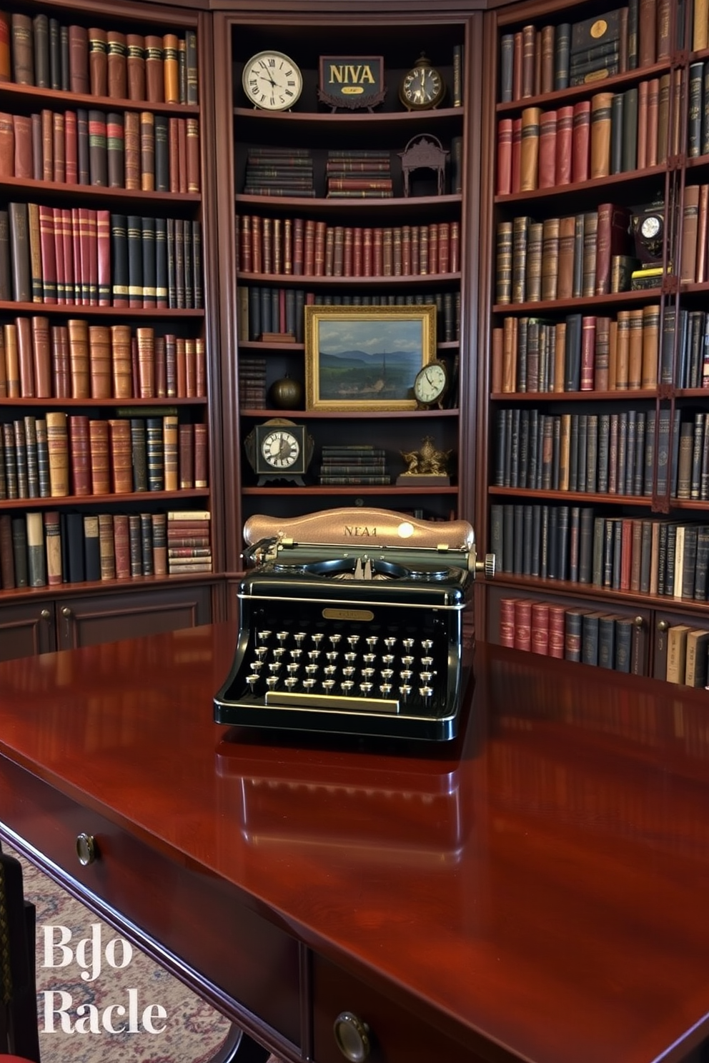 A vintage typewriter sits elegantly atop a polished wooden desk in a classic home library. Surrounding it are tall bookshelves filled with an array of leather-bound volumes and antique collectibles.