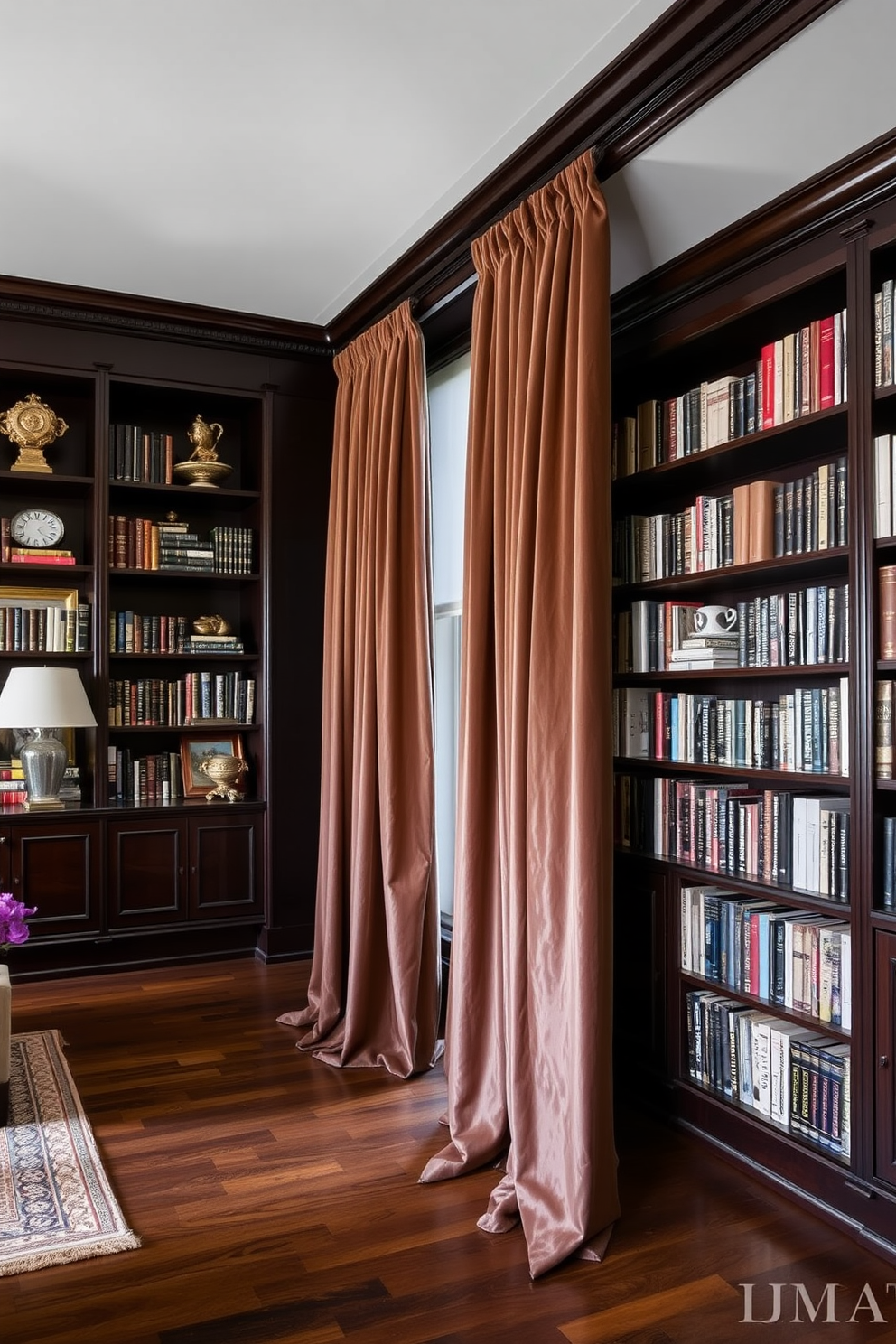 Elegant drapery for a polished look. The room features floor-to-ceiling curtains in a rich velvet fabric that gracefully pools on the hardwood floor. Classic home library design ideas. The library is adorned with dark wood bookshelves that stretch from wall to wall, filled with an array of books and decorative objects.