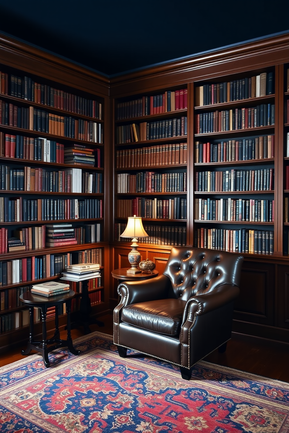 A classic home library featuring rich wooden bookshelves filled with an array of books. A plush leather armchair sits in the corner next to a small side table, adorned with a vintage lamp casting a warm glow. The walls are painted in a deep navy blue, enhancing the cozy atmosphere of the space. A large area rug with intricate patterns lies underfoot, complementing the mixed materials of the room.