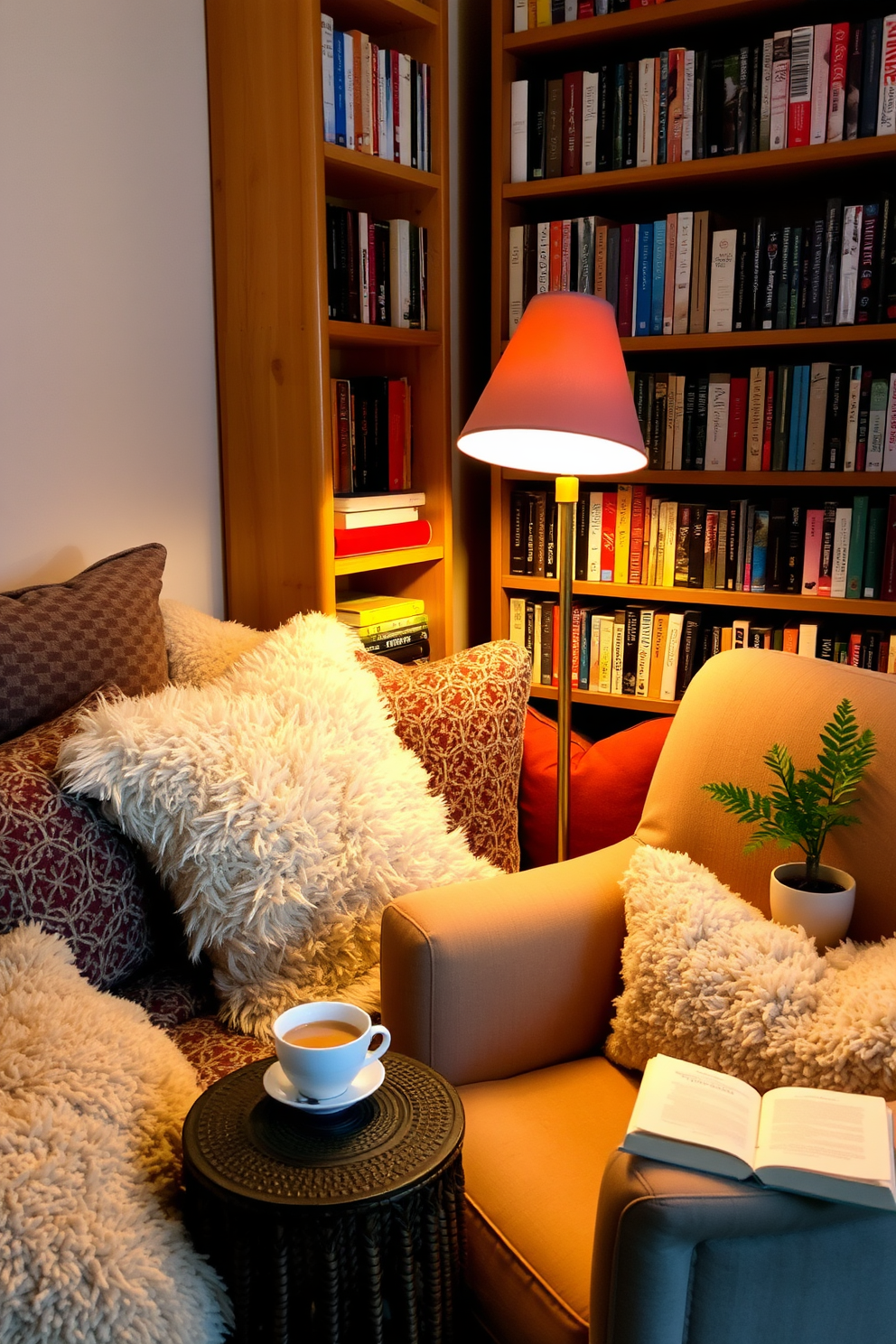 A cozy reading corner featuring plush cushions in various textures and colors. A tall bookshelf filled with books lines the wall, complemented by a warm, ambient floor lamp that casts a soft glow. The space is adorned with a comfortable armchair, inviting you to sink in with a good book. A small side table holds a steaming cup of tea and a decorative plant, adding a touch of nature to this serene nook.