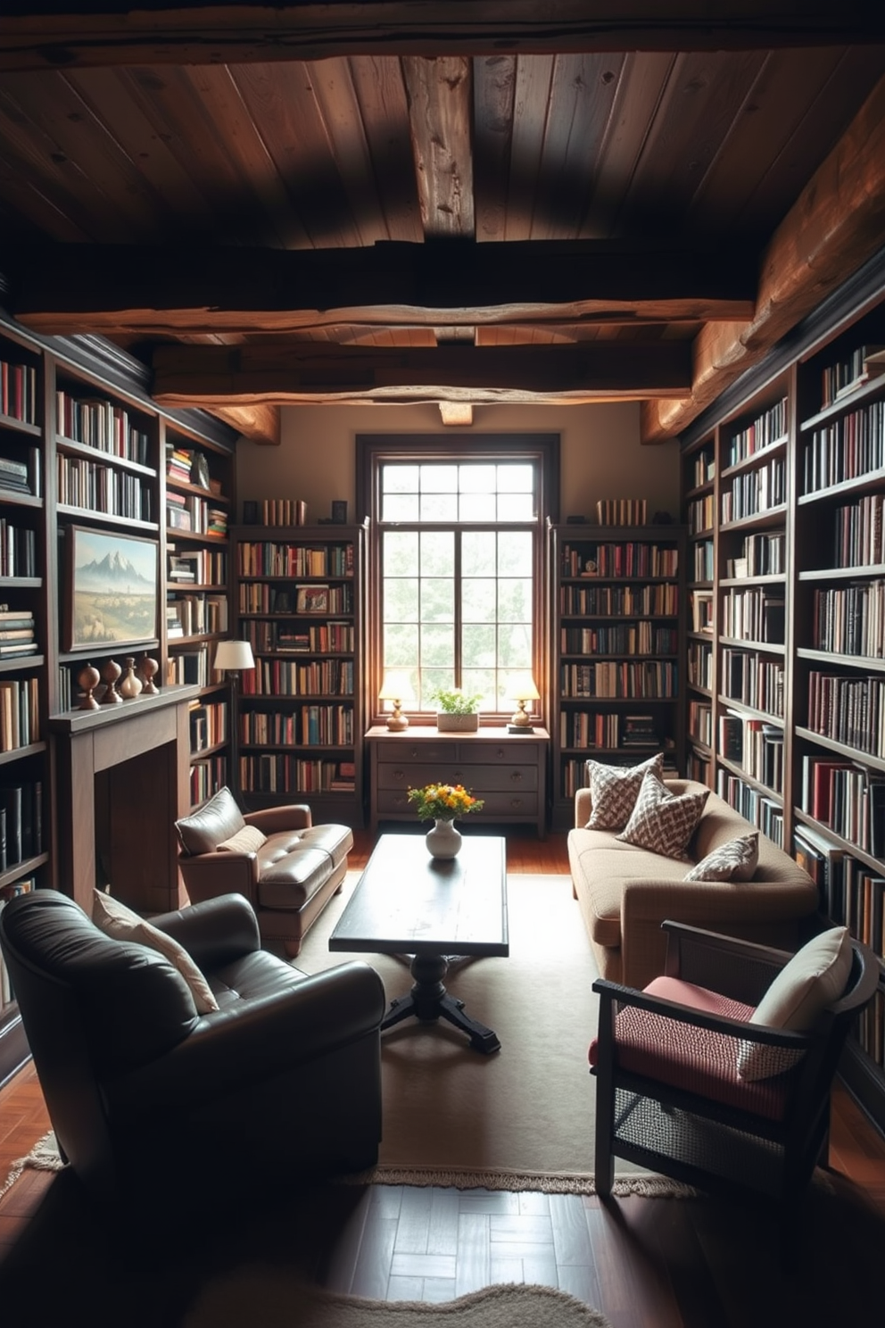 A cozy home library featuring rustic wooden beams that add warmth and character to the space. The walls are lined with dark wooden bookshelves filled with an eclectic collection of books, complemented by a plush leather armchair in the corner. A large window allows natural light to flood the room, illuminating a vintage wooden table in the center. Soft, neutral-toned rugs and a few carefully placed decorative items enhance the inviting atmosphere, making it the perfect retreat for reading and relaxation.