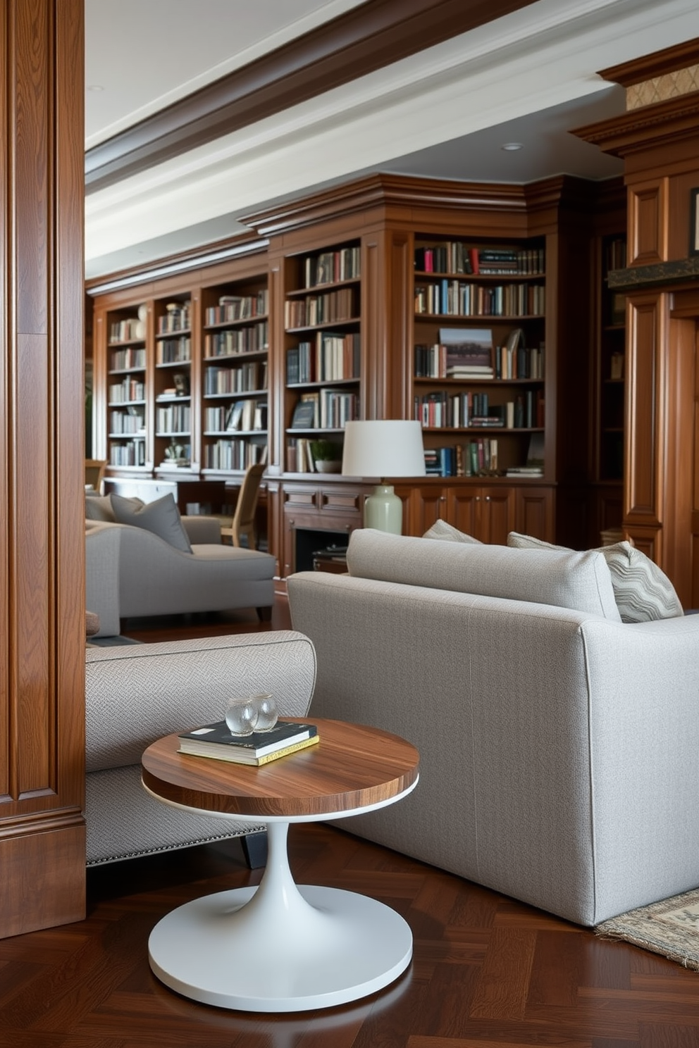 Stylish side tables for convenience. Each table features a sleek design with a mix of wood and metal, providing both functionality and aesthetic appeal. Classic home library design ideas. The library is adorned with floor-to-ceiling bookshelves, rich wooden accents, and comfortable seating areas, creating a warm and inviting atmosphere.