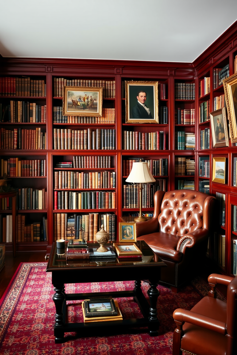 A classic home library featuring rich mahogany bookshelves filled with an array of books. A large, plush leather armchair sits in the corner next to a vintage floor lamp, creating a cozy reading nook. The walls are adorned with classic artwork, including framed oil paintings and vintage prints. A dark wooden table in the center holds a small collection of decorative items, enhancing the sophisticated atmosphere.