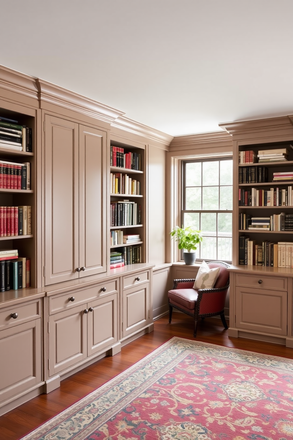 Custom cabinetry for a tailored look that enhances the elegance of a classic home library. The shelves are filled with an extensive collection of books, and a comfortable reading nook is nestled by a large window.