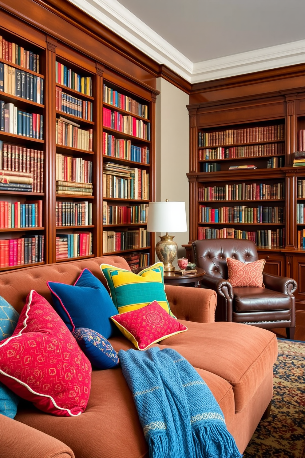 Colorful accent pillows in various shapes and patterns are scattered across a plush, oversized sofa, creating a cozy and inviting atmosphere. The pillows feature vibrant hues of blue, yellow, and red, complementing the warm wood tones of the room. Classic home library design ideas include rich mahogany bookshelves filled with an array of books, organized by genre and color. A comfortable leather armchair sits in the corner, paired with a small side table for a cup of tea or a reading lamp.