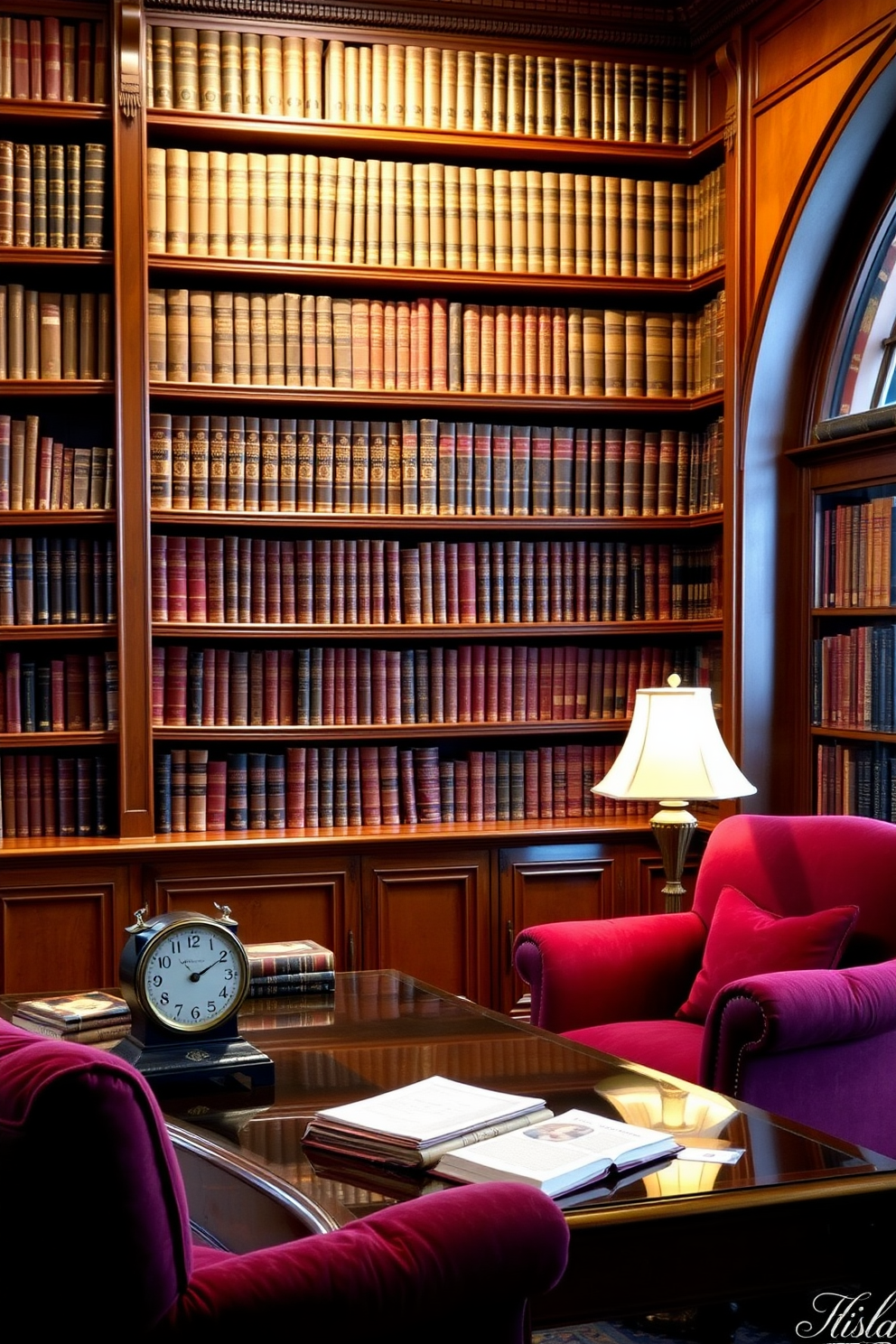 A classic home library featuring rich wooden bookshelves filled with leather-bound books. An antique clock sits elegantly on a polished mahogany desk, adding a timeless accessory to the sophisticated space. The room is adorned with plush armchairs upholstered in deep burgundy fabric, inviting readers to relax. Soft, warm lighting from a vintage lamp illuminates the cozy reading nook, enhancing the library's inviting atmosphere.