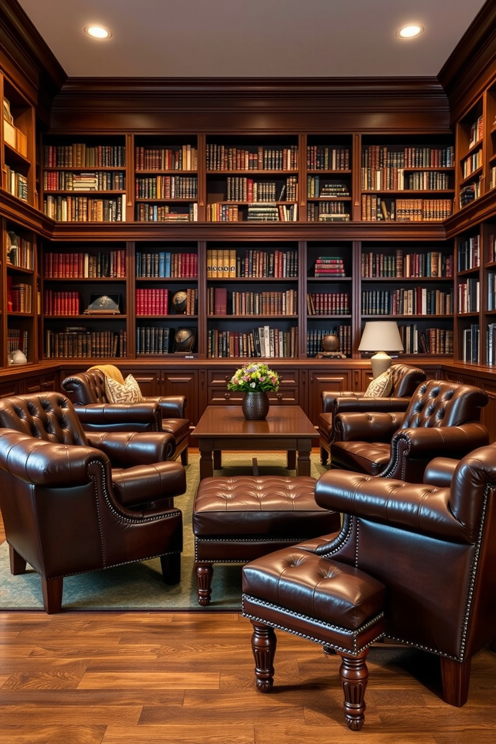 Classic leather armchairs with ottoman. The armchairs are upholstered in rich brown leather, featuring elegant tufting and sturdy wooden legs. A matching ottoman sits in front, providing a comfortable place to rest your feet. The setting is enhanced by a warm, inviting color palette and soft ambient lighting. Classic home library design ideas. The library features built-in bookshelves that stretch from floor to ceiling, filled with an array of books and decorative items. A large wooden table stands in the center, surrounded by plush seating, creating a perfect reading nook. Rich wood tones and warm textiles create a cozy atmosphere, inviting relaxation and contemplation.