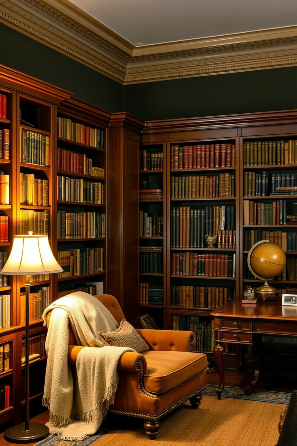 A classic home library featuring rich wooden bookshelves filled with an array of books. A cozy reading nook is created with a plush armchair, soft throw blankets draped over the arm, and a warm floor lamp casting a gentle glow. The walls are painted in a deep, inviting hue, complemented by ornate crown molding. A vintage wooden desk sits in one corner, adorned with a few decorative items and a classic globe for an intellectual touch.