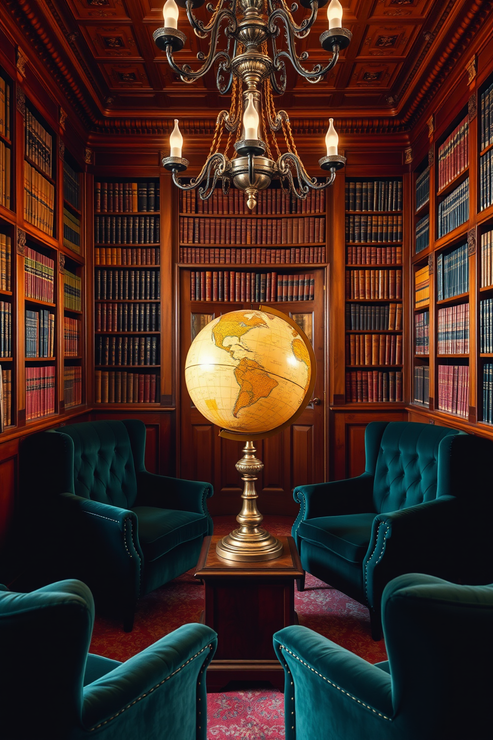 A vintage globe sits prominently on a polished wooden pedestal in the center of the library. Surrounding it are tall bookshelves filled with leather-bound volumes, creating a warm and inviting atmosphere. Rich mahogany wood paneling adorns the walls, complemented by plush, deep green velvet armchairs. A large, ornate chandelier hangs from the ceiling, casting a soft glow over the cozy reading nook.