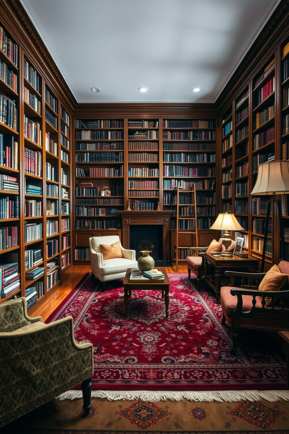 A richly patterned area rug with deep hues and intricate designs lies at the center of a cozy home library. Surrounding the rug are shelves filled with a diverse collection of books, complemented by plush seating options for a comfortable reading experience. Classic home library design ideas feature elegant wooden bookshelves that reach from floor to ceiling. Soft, ambient lighting creates a warm atmosphere, while a vintage ladder leans against the shelves for easy access to higher books.