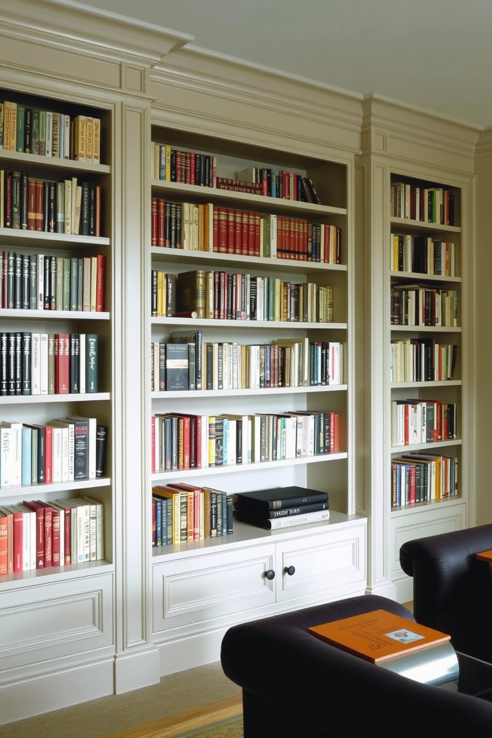 A classic home library features built-in shelving that seamlessly integrates with the room's architecture. Soft lighting highlights the collection of books, creating a warm and inviting atmosphere.