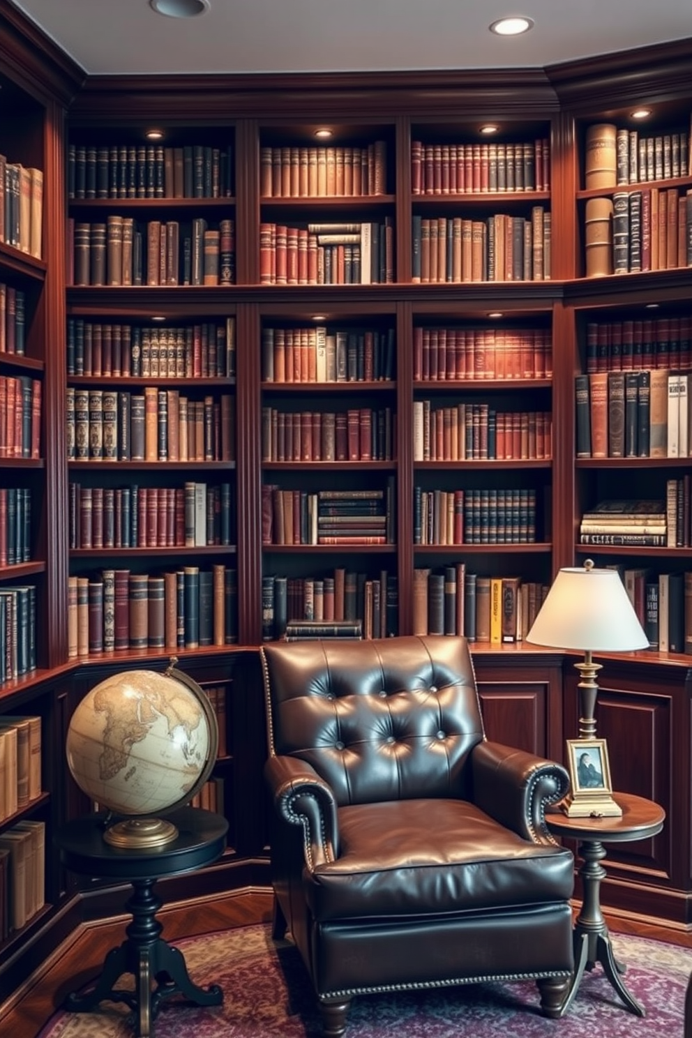 A classic home library design featuring wall-to-wall bookshelves that provide ample storage for books and decorative items. The shelves are crafted from rich mahogany wood, and a comfortable leather armchair is positioned in the corner for reading. Soft, warm lighting illuminates the space, highlighting the texture of the books and the elegance of the wood. A vintage globe and a small side table are placed next to the armchair, creating an inviting reading nook.