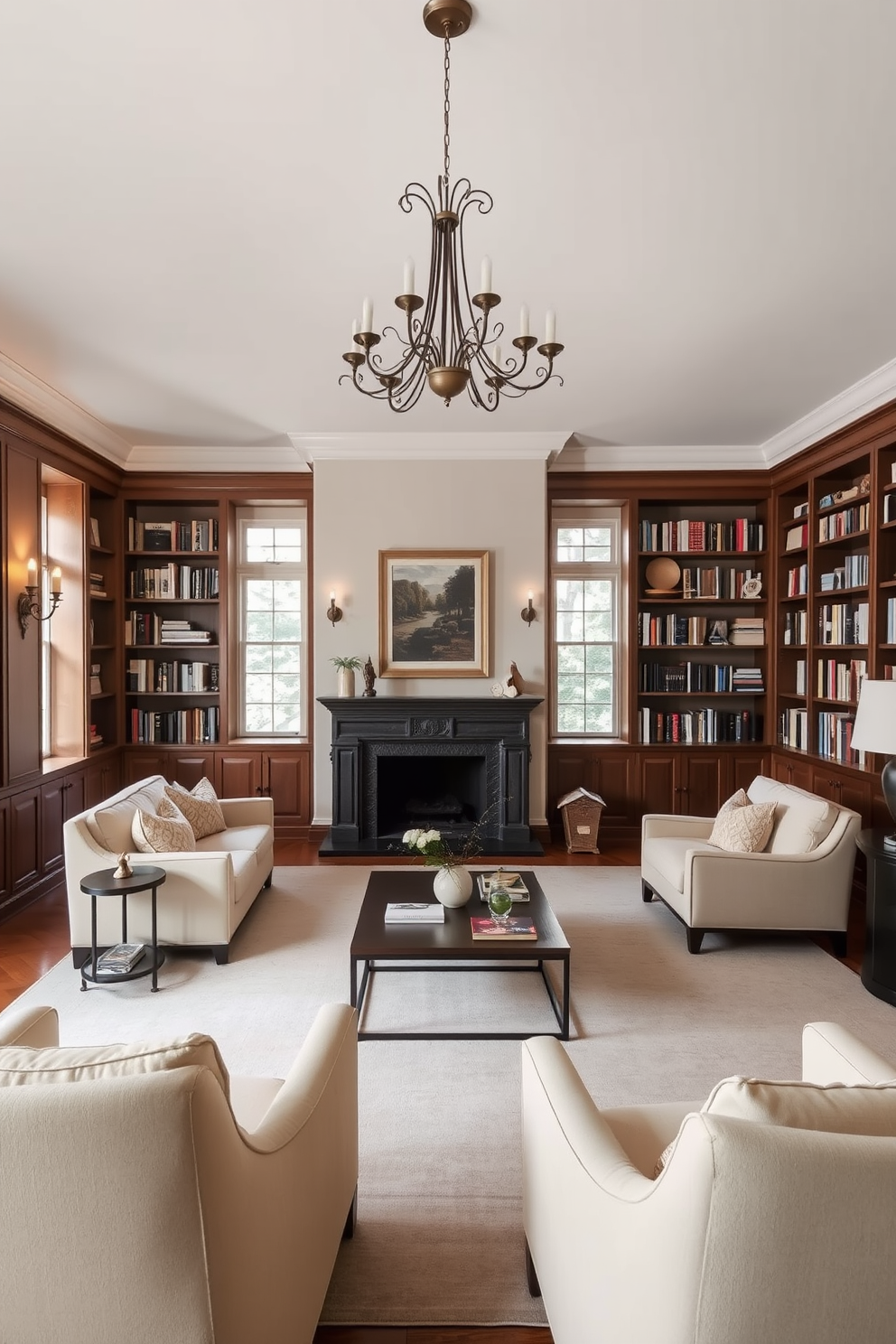 A soft neutral color palette creates a serene and tranquil atmosphere in the home library. Rich wooden bookshelves line the walls, filled with an array of books, while a plush cream-colored sofa invites relaxation. Warm lighting from elegant sconces and a central chandelier enhances the cozy ambiance. A large area rug in muted tones anchors the space, complemented by a stylish coffee table and comfortable armchairs for reading.