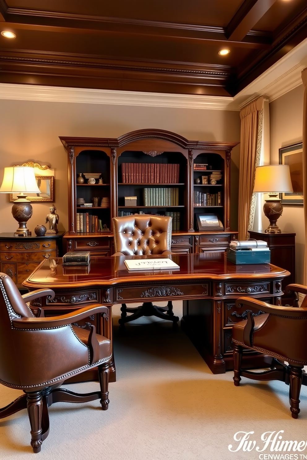 An elegant wooden desk with vintage accents is the centerpiece of this classic home office. The desk features intricate carvings and a polished finish, surrounded by plush leather chairs and warm ambient lighting.