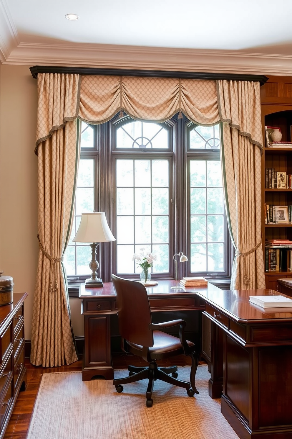 Chic curtains with elegant drapery frame a large window, allowing soft natural light to filter into the room. The fabric features a subtle pattern that complements the rich wood tones of the furniture. Classic home office design ideas include a sturdy wooden desk paired with a comfortable leather chair. A built-in bookshelf showcases neatly arranged books and decorative items, adding a touch of sophistication to the space.