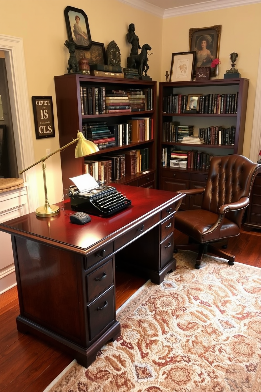 A vintage typewriter sits prominently on a polished mahogany desk, surrounded by shelves filled with books and antique decor. The walls are painted a warm cream color, and a plush, patterned rug covers the hardwood floor, adding comfort to the space. A comfortable leather armchair is positioned beside the desk, inviting you to sit and write. Soft, ambient lighting from a brass desk lamp creates a cozy atmosphere, enhancing the timeless elegance of the home office.