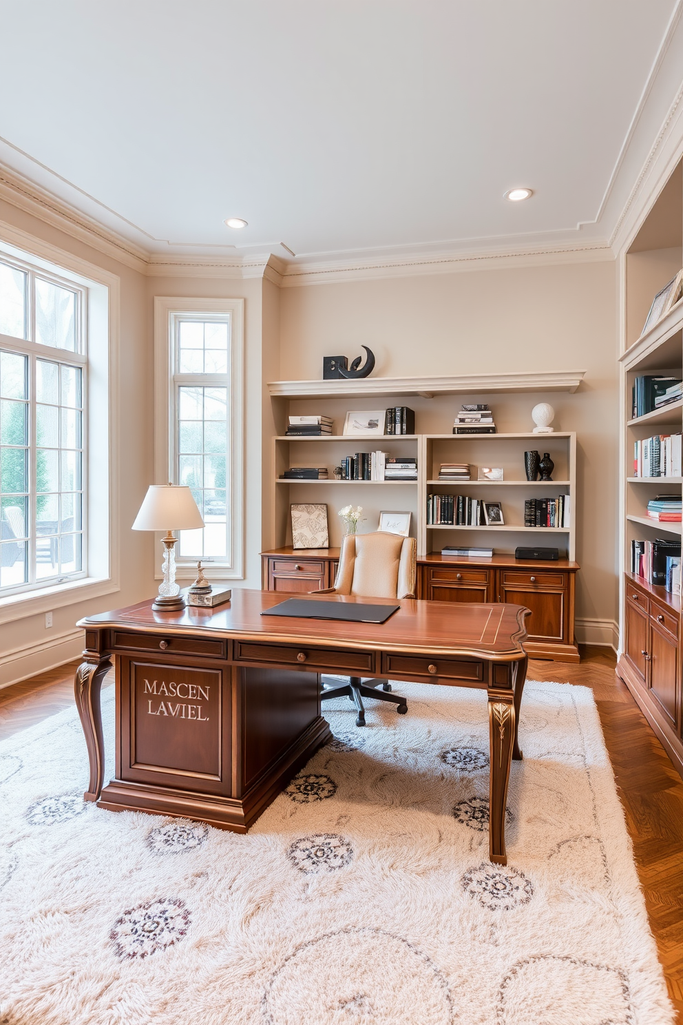 A classic home office design featuring a neutral color palette to create a calming atmosphere. The room includes a large wooden desk with elegant detailing and a comfortable leather chair positioned in front of it. Soft beige walls complement the warm wood tones, while a plush area rug adds texture underfoot. A stylish bookshelf filled with books and decorative items lines one wall, and large windows allow natural light to fill the space.