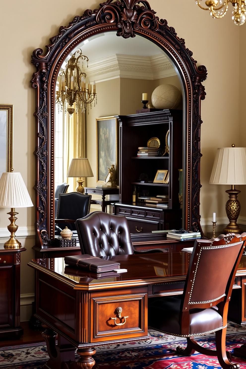 A classic home office setting featuring an ornate mirror that elegantly enhances the space. The desk is made of rich mahogany with intricate carvings, complemented by a plush leather chair and brass accents throughout the room.