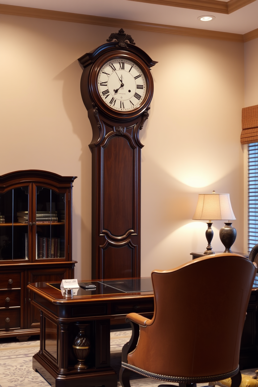 A classic clock is mounted on the wall, featuring intricate details and a polished wooden frame. It serves as a focal point in the room, enhancing the timeless appeal of the space. The home office is designed with elegant wooden furniture, including a large desk and a comfortable leather chair. Soft lighting illuminates the room, creating a warm and inviting atmosphere for productivity.