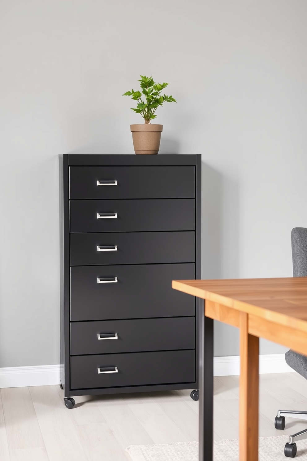 A stylish filing cabinet made of sleek black metal with clean lines and a matte finish. It features multiple drawers for organization, each adorned with minimalist silver handles. The cabinet is positioned against a wall painted in a soft gray hue, complementing the warm wooden desk nearby. A potted plant sits on top, adding a touch of greenery to the classic home office design.