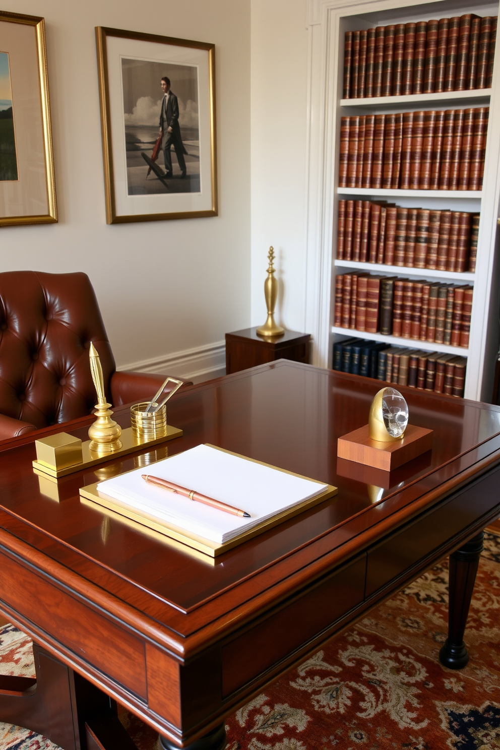 A polished brass desk set is arranged neatly on a rich wooden desk, featuring a pen holder, a letter opener, and a paperweight. The desk is complemented by a plush leather chair, creating a sophisticated workspace that exudes elegance. The walls are adorned with framed artwork in muted tones, while a stylish bookshelf filled with leather-bound books stands in the corner. A soft area rug in warm colors anchors the space, adding comfort and warmth to the classic home office design.