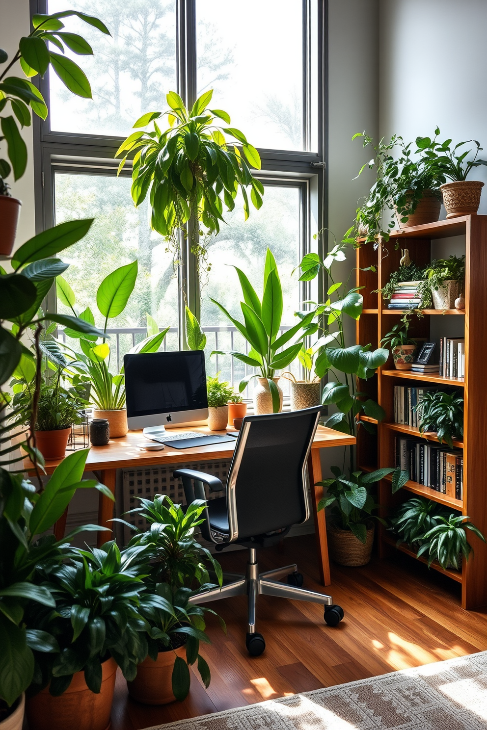 A cozy home office filled with lush indoor plants creates a refreshing and vibrant atmosphere. The room features a sleek wooden desk paired with an ergonomic chair, surrounded by various greenery that adds life and color to the space. Natural light floods in through large windows, illuminating the room and enhancing the beauty of the plants. A stylish bookshelf stands against one wall, adorned with books and decorative items that complement the overall aesthetic.