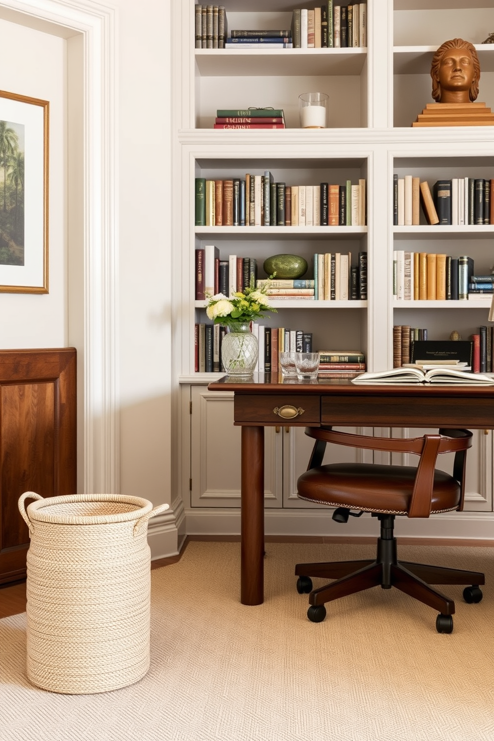 A stylish wastebasket made of woven rattan sits in the corner of the room, featuring a neutral color that blends seamlessly with the decor. Its design includes subtle detailing that adds a touch of elegance without overpowering the space. Classic home office design ideas focus on a rich wooden desk paired with a comfortable leather chair. The walls are adorned with built-in bookshelves filled with books and decorative items, creating an inviting and productive atmosphere.