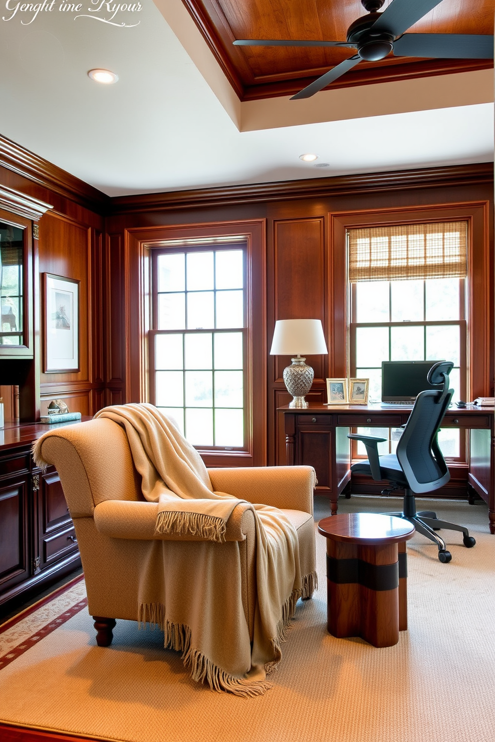 A comfortable throw blanket drapes elegantly over a plush armchair in a cozy home office. The room features warm wood accents, a large window allowing natural light, and a stylish desk with a sleek ergonomic chair. Classic home office design ideas incorporate a blend of traditional and modern elements. Rich mahogany furniture complements soft, neutral wall colors, creating an inviting and productive workspace.