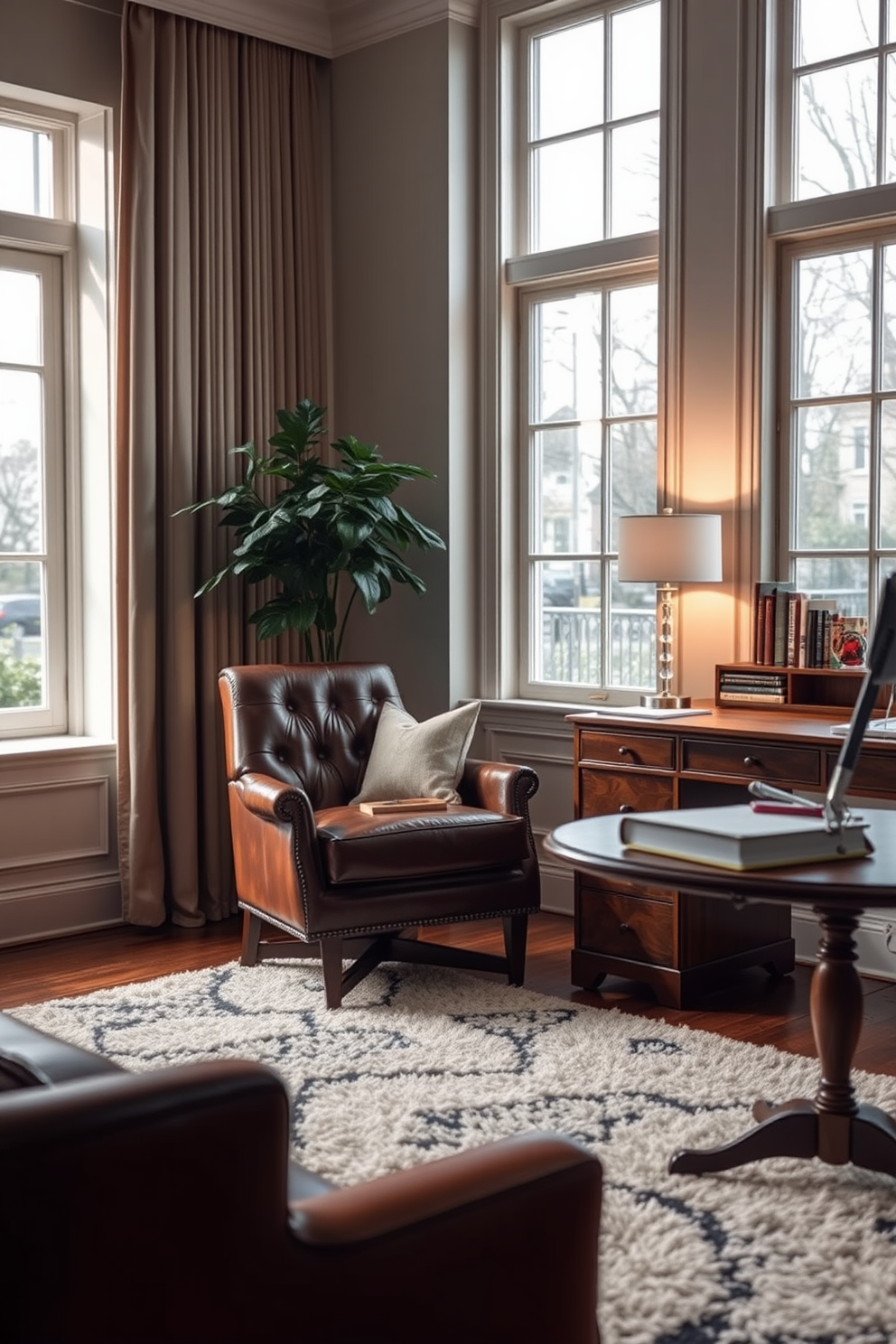 A classic leather armchair sits elegantly in the corner of a home office, providing a cozy spot for reading or reflection. The chair is complemented by a rich wooden desk, adorned with stylish stationery and a sleek lamp that casts a warm glow. The home office features soft, neutral walls that create a calming atmosphere, while a plush area rug adds texture underfoot. Large windows allow natural light to flood the space, enhancing the overall inviting and productive environment.