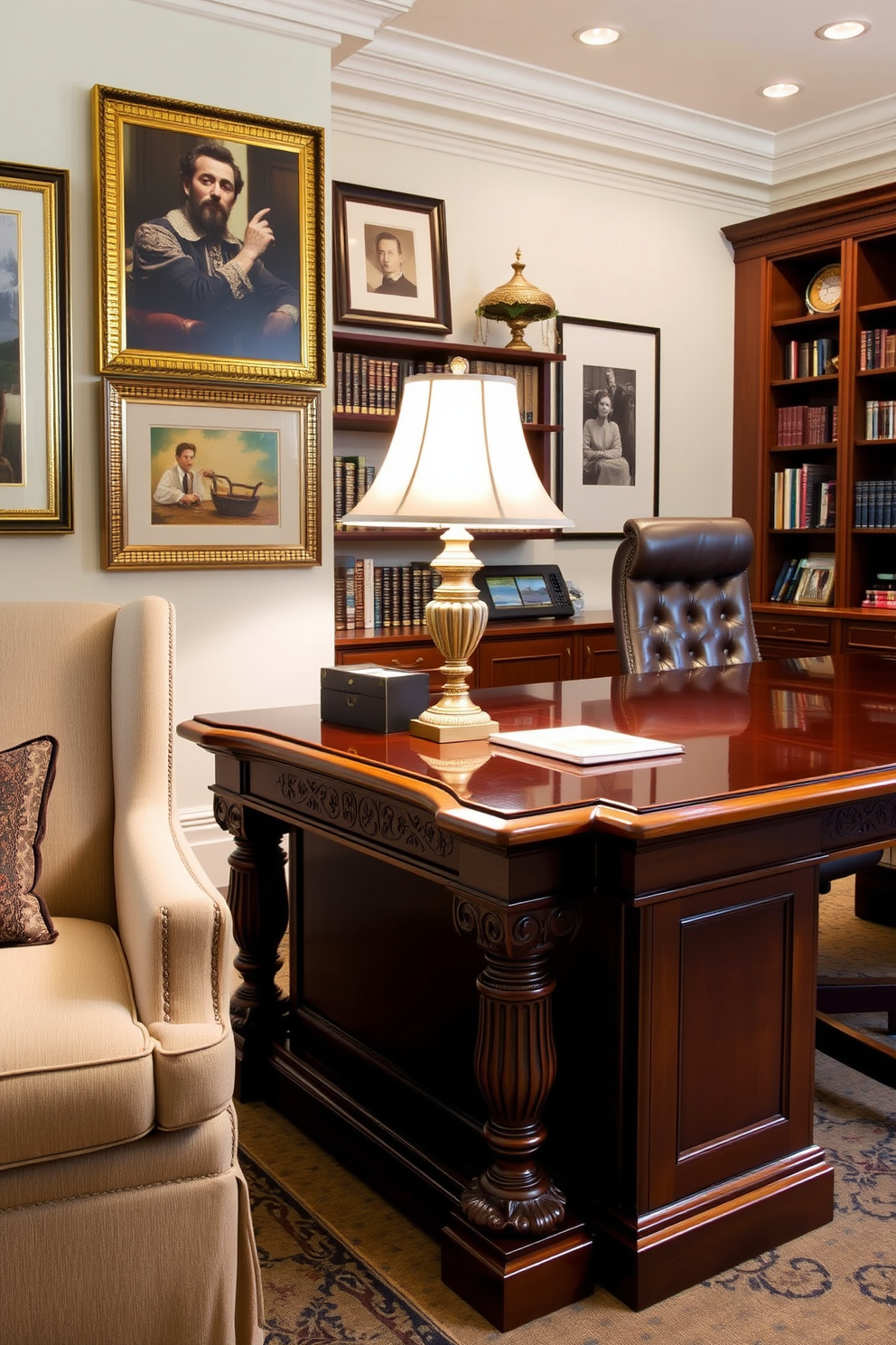 An elegant side table made of rich mahogany stands beside a plush armchair. It features intricate carvings and is topped with a stylish lamp that casts a warm glow. Classic home office design ideas incorporate a large wooden desk with a polished finish and a comfortable ergonomic chair. The walls are adorned with framed artwork and bookshelves filled with neatly organized books and decorative items.