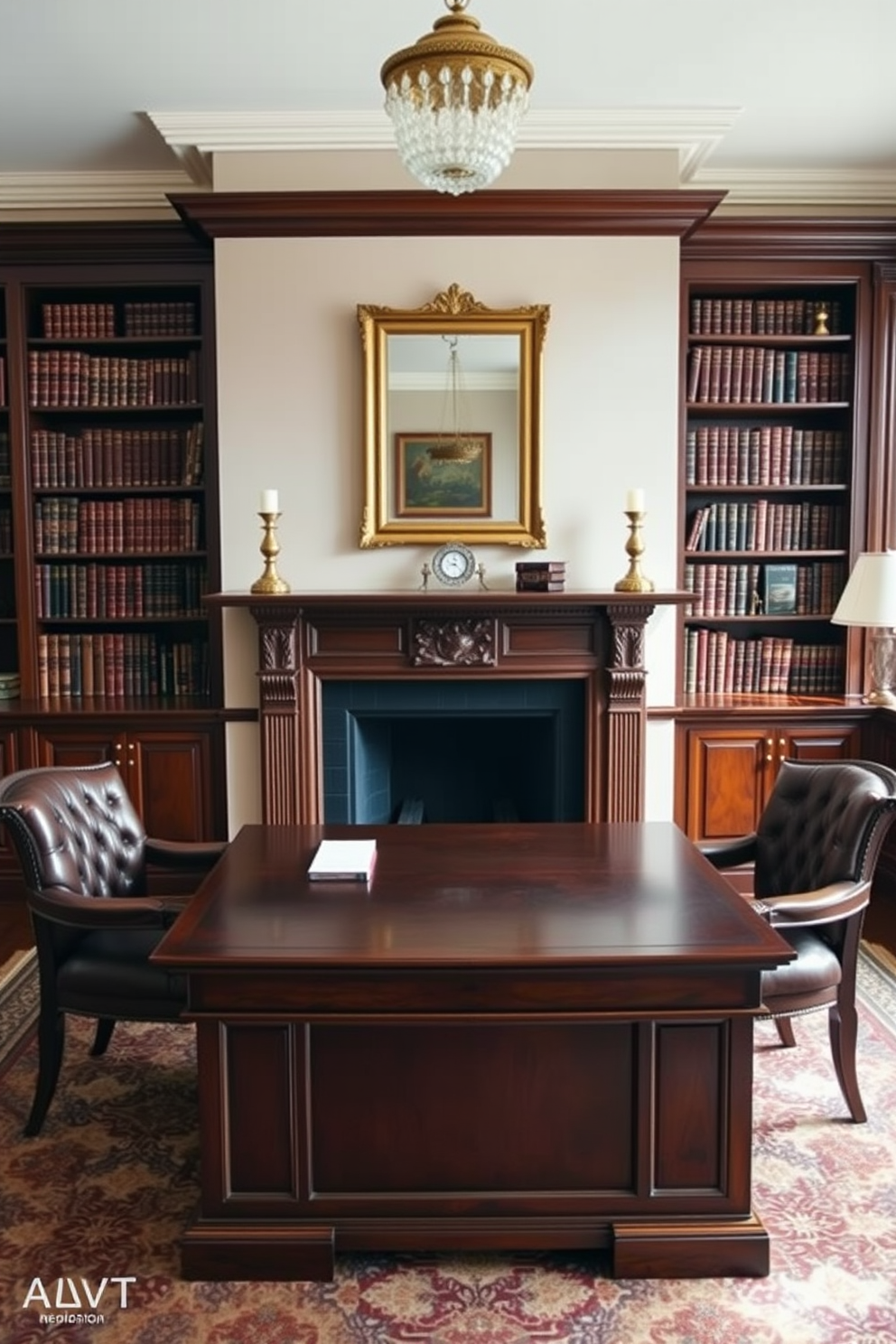 A traditional fireplace serves as the focal point of the room, adorned with an ornate mantelpiece and a classic mirror above it. Flanking the fireplace, there are two elegant bookshelves filled with leather-bound volumes, creating a warm and inviting atmosphere. The classic home office features a rich mahogany desk positioned in front of a large window, allowing natural light to illuminate the space. Plush leather chairs are placed around the desk, complemented by a patterned area rug that adds a touch of sophistication to the room.