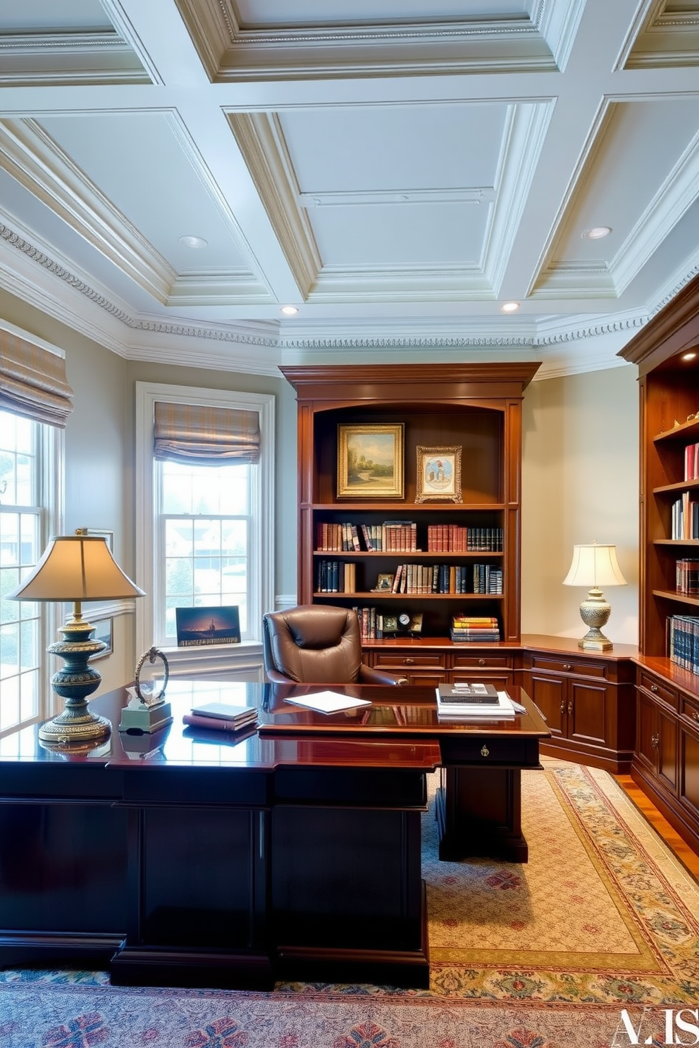 A classic home office featuring elegant crown molding that adds architectural interest to the space. The room is adorned with rich wooden bookshelves, a large mahogany desk, and a comfortable leather chair.