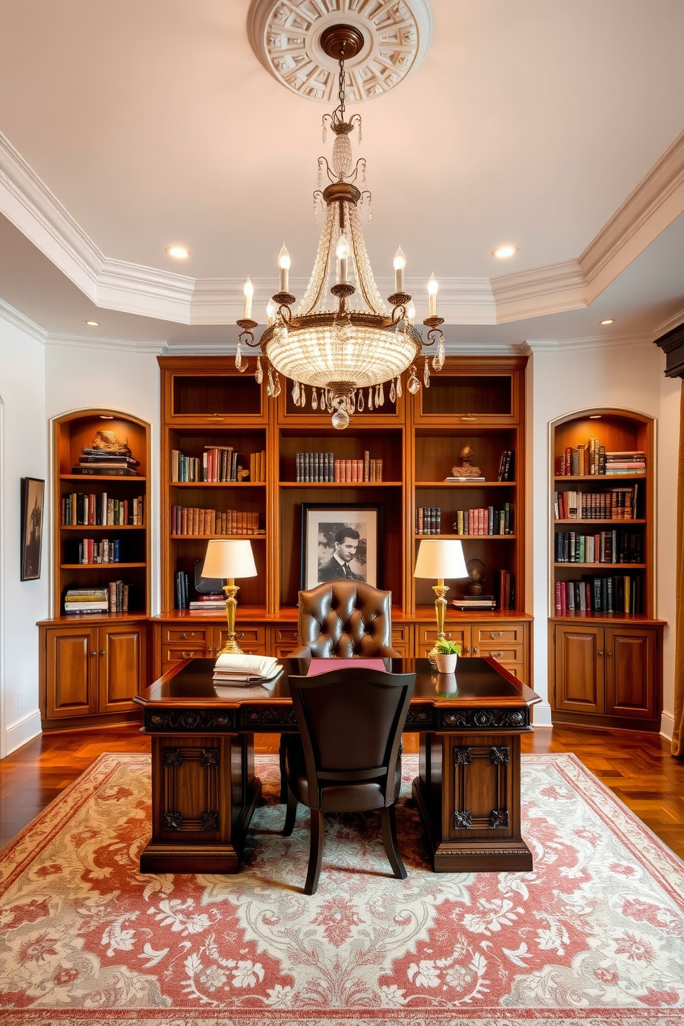 A classic chandelier hangs elegantly from the ceiling, its crystal accents refracting light beautifully throughout the room. Below, a large wooden desk with intricate carvings is complemented by a plush leather chair, creating a perfect workspace. The home office features warm wooden bookshelves filled with neatly arranged books, adding a touch of sophistication. Soft, neutral tones on the walls enhance the inviting atmosphere, while a stylish area rug anchors the space.