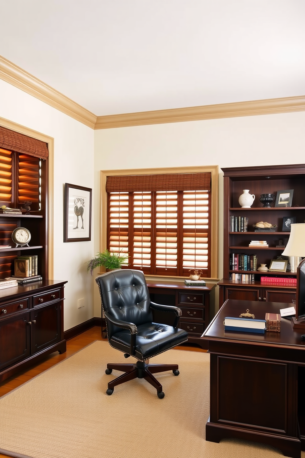 A classic home office design features rich wooden blinds that add a refined touch to the space. The room is adorned with a dark wooden desk and a comfortable leather chair, complemented by bookshelves filled with elegant decor.