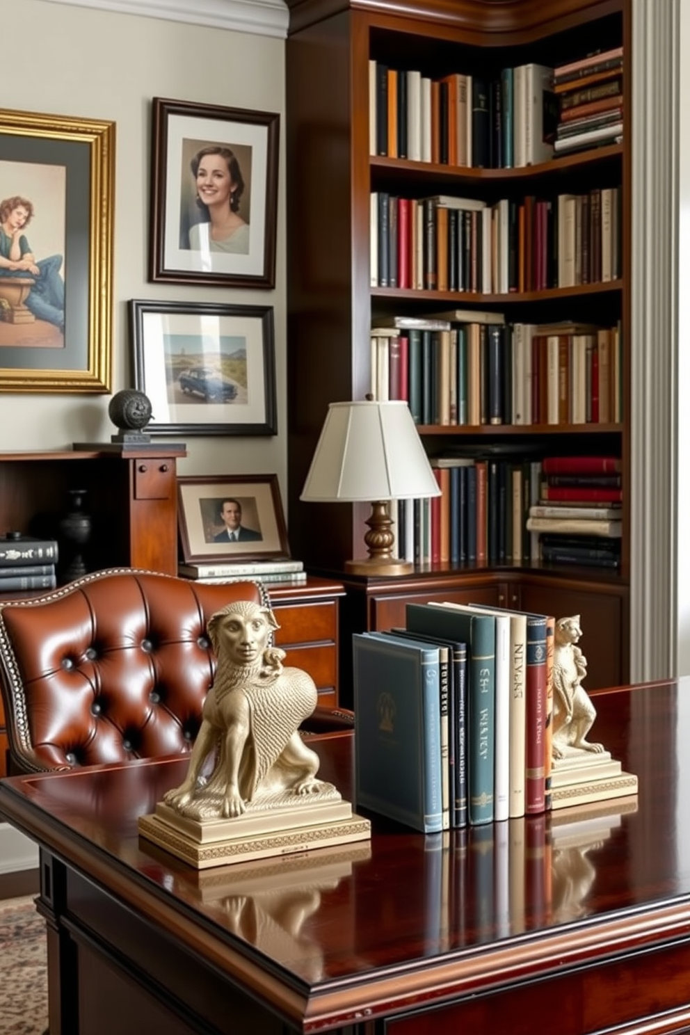 A classic home office setting featuring elegant decorative bookends that reflect personal style. The desk is made of rich mahogany with a vintage leather chair, and the walls are adorned with framed art and bookshelves filled with an eclectic mix of literature.