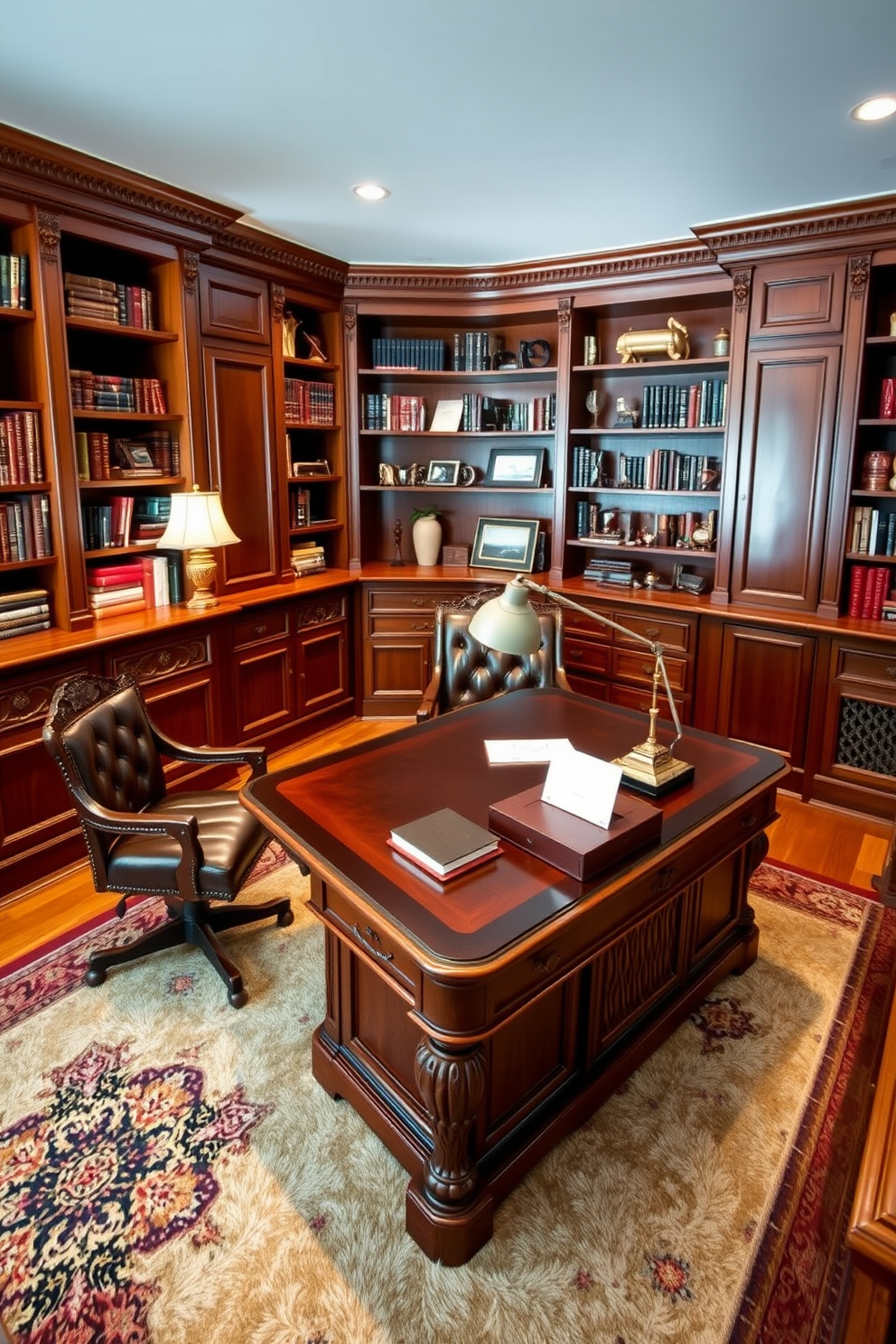 A classic home office design featuring a large wooden desk with intricate carvings and a comfortable leather chair. The walls are adorned with built-in bookshelves filled with an array of books and decorative items, while a plush area rug adds warmth to the hardwood floor. Personalized stationery is elegantly displayed on the desk, showcasing custom designs and rich textures. A stylish desk lamp provides soft lighting, complementing the overall sophisticated ambiance of the space.