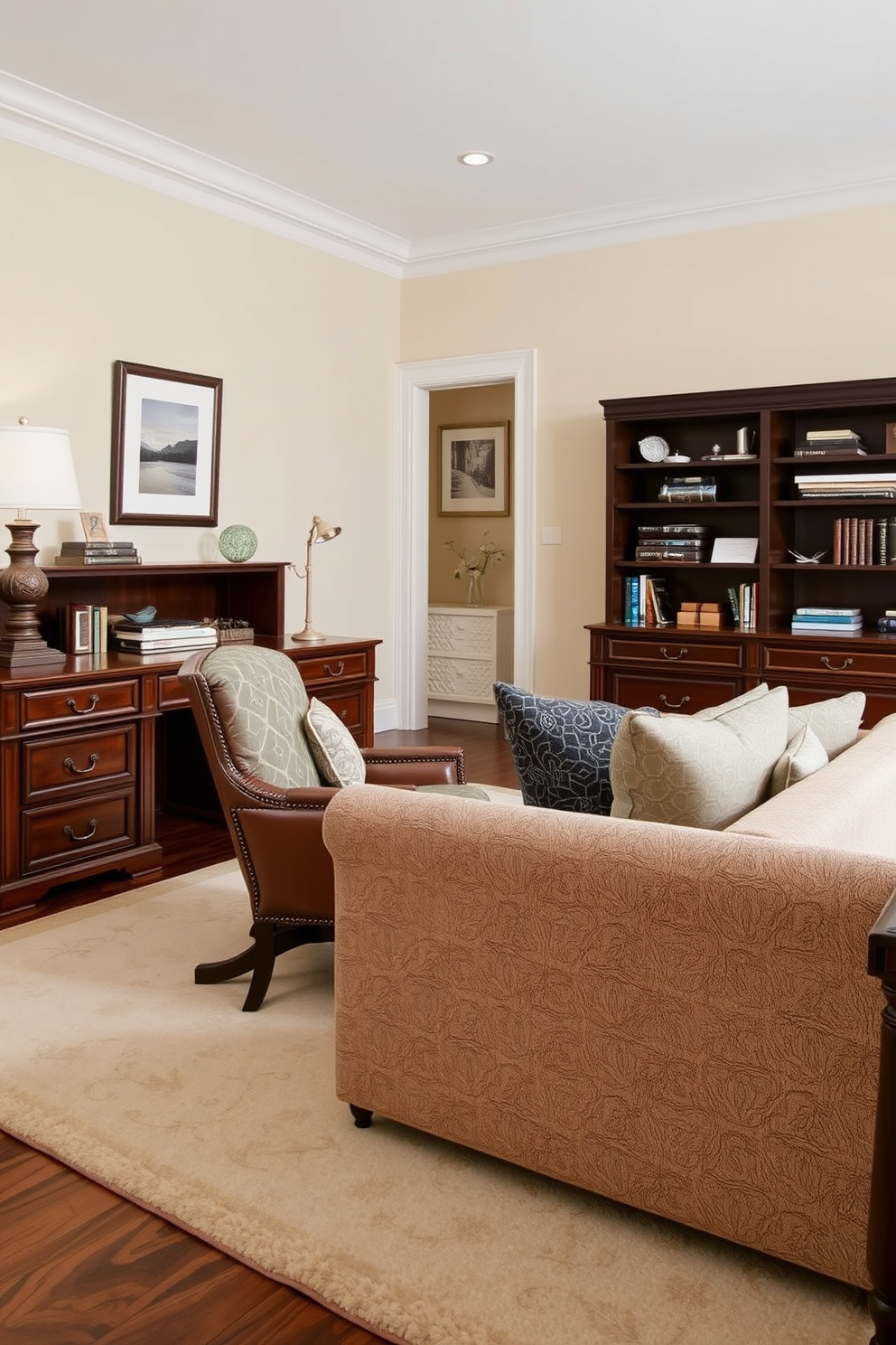 A classic home office design featuring subtle patterns in upholstery to add depth. The room includes a rich wooden desk with a leather chair upholstered in a muted geometric pattern. The walls are painted in a soft beige, complementing the dark wood accents throughout the space. A plush area rug with a delicate floral design anchors the seating area, creating a cozy yet sophisticated atmosphere.