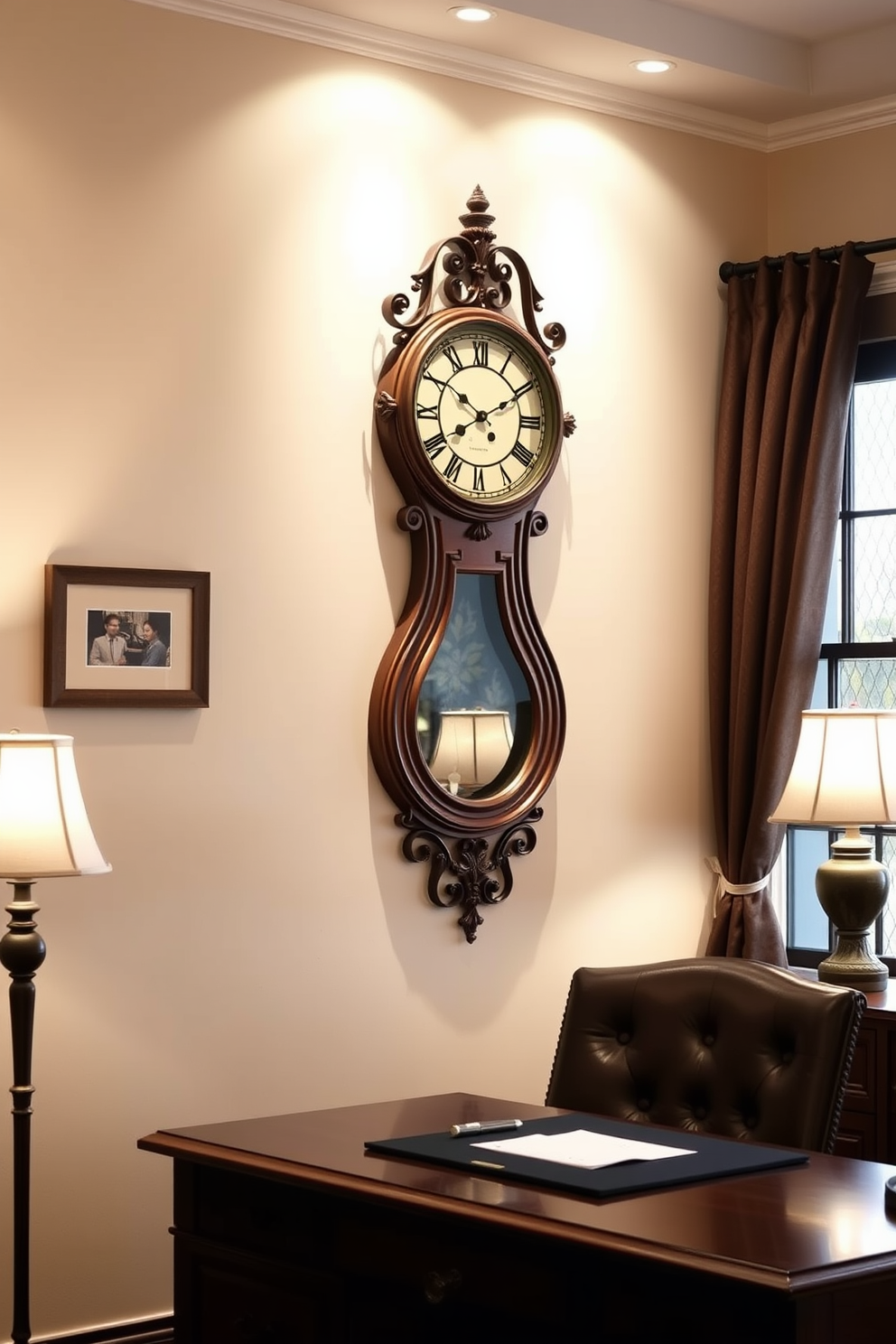 A vintage-inspired wall clock hangs elegantly on the wall, its intricate design featuring ornate details and a warm wood finish. The clock adds a touch of charm to the space, complementing the overall aesthetic of the classic home office. The home office features a rich mahogany desk paired with a comfortable leather chair, exuding sophistication and functionality. Soft, ambient lighting illuminates the room, creating a cozy atmosphere perfect for productivity and creativity.