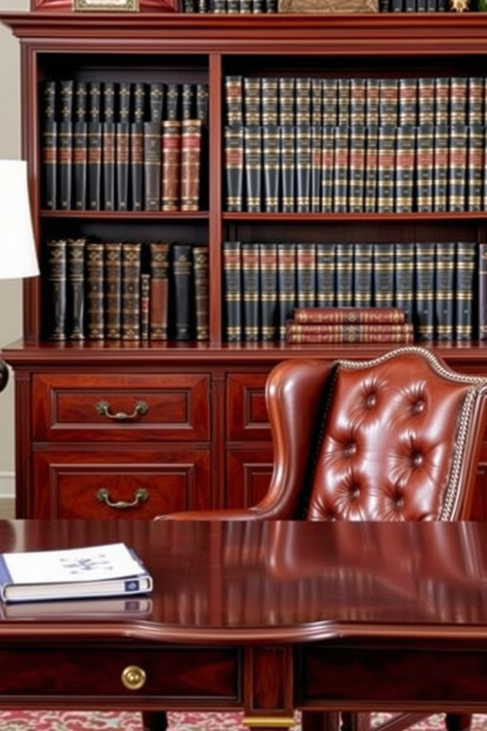 A classic home office design featuring dark leather-bound books arranged neatly on a polished wooden bookshelf. The desk is made of rich mahogany with brass accents, complemented by a vintage leather chair for an elegant touch.