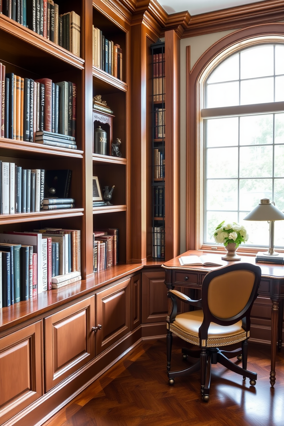 A classic home office features built-in bookshelves that provide stylish storage while showcasing a curated collection of books and decorative items. The shelves are crafted from rich wood, complementing a vintage desk positioned in front of a large window that floods the space with natural light.