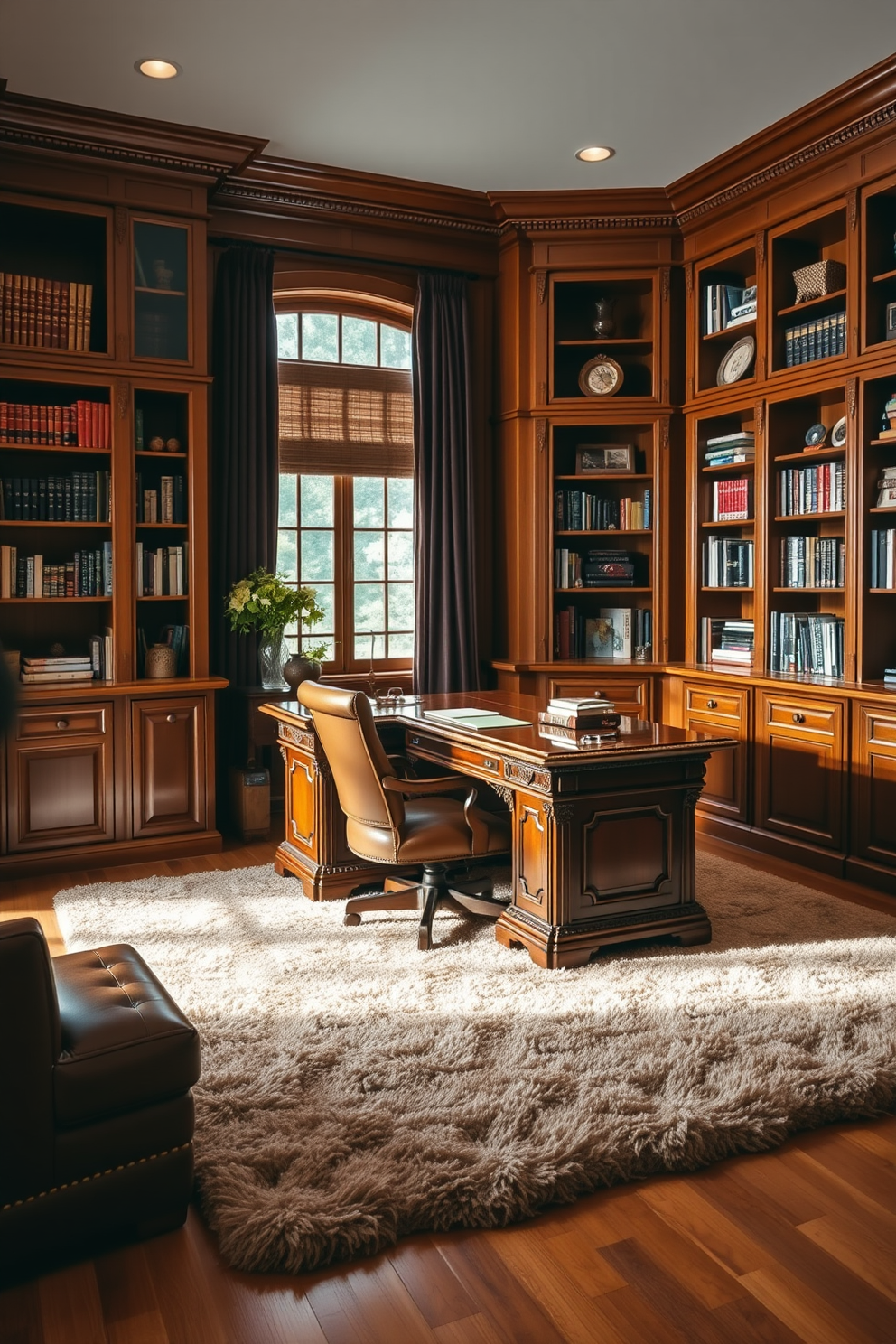 A classic home office setting featuring warm wood tones that create a welcoming atmosphere. The room includes a large wooden desk with intricate detailing and a comfortable leather chair positioned in front of it. Bookshelves line the walls, filled with an array of books and decorative items that add character. A plush area rug in neutral tones anchors the space, while a large window allows natural light to fill the room.